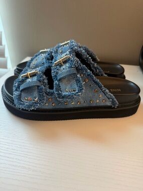 Nine West Blue Denim Buckle Slide Sandals with Black Footbed
